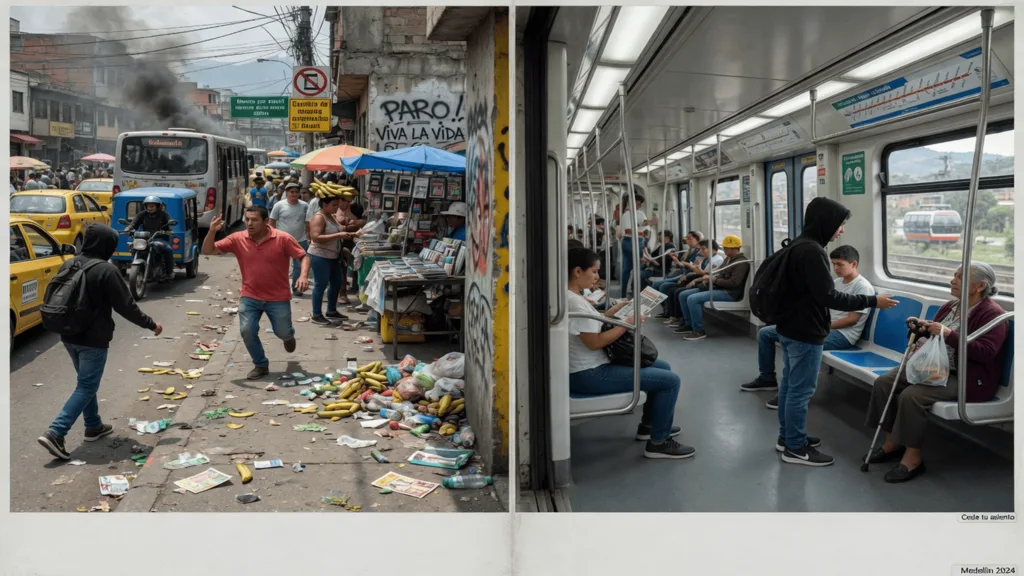 AI-generated post cover: a chaotic Medellín street scene beside the calm interior of a metro car