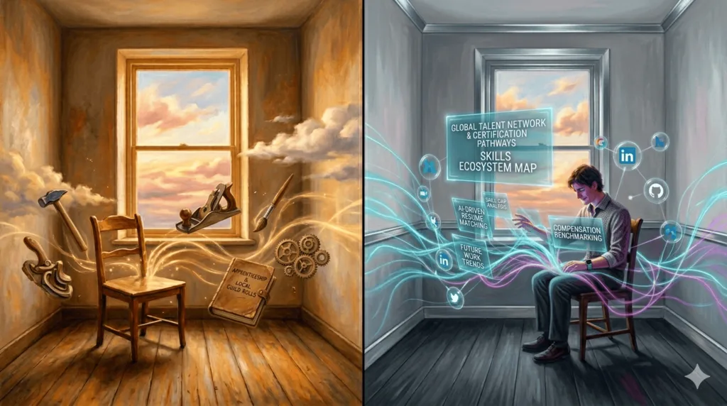 AI-generated post cover: a craft-era workshop beside a room of holographic job-market dashboards